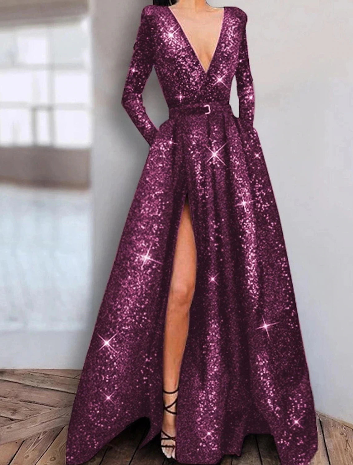 Women's Athletic Apparel A-Line Prom Dresses Sparkle Dress Wedding Guest Engagement Floor Length Long Sleeve V Neck Stretch Satin with Sequin Slit