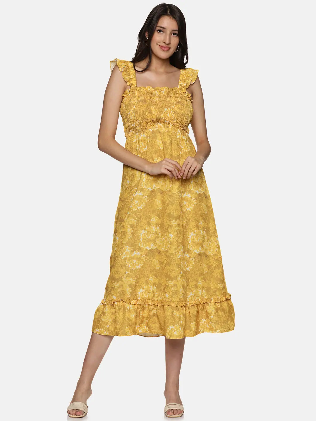 Women's Transitional Outfit Floral Mustard Smocking Detail Midaxi Dress