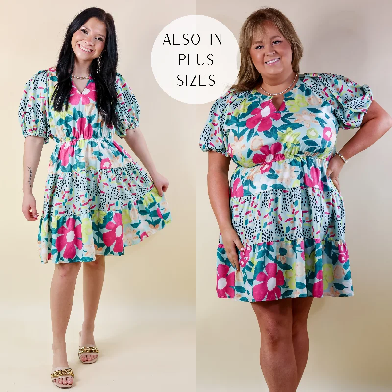 Women's Office Clothing Gramercy Garden Floral Tiered Dress with Short Balloon Sleeves in Light Mint Blue Mix