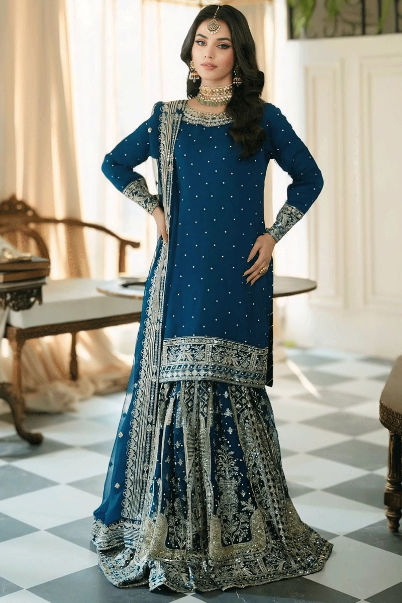 Women's Vacation Clothes Embroidery Work Blue Color Sharara Suit For Wedding