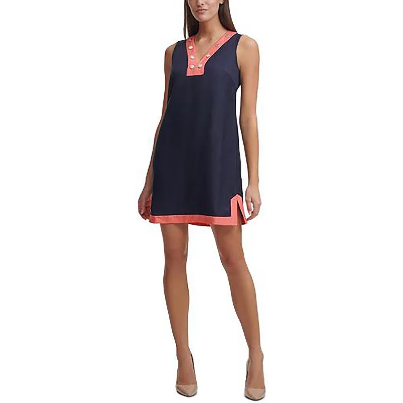 Casual Clothing For Women Tommy Hilfiger Womens Petites Two Tone V-Neck Mini Dress