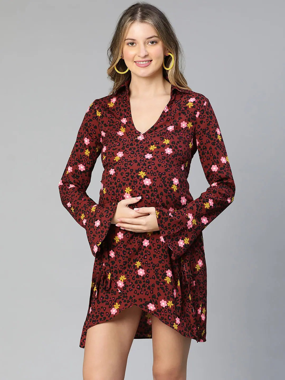 Women's Cozy Clothes Marshell Maroon Floral Print Wrapped Women Maternity Dress