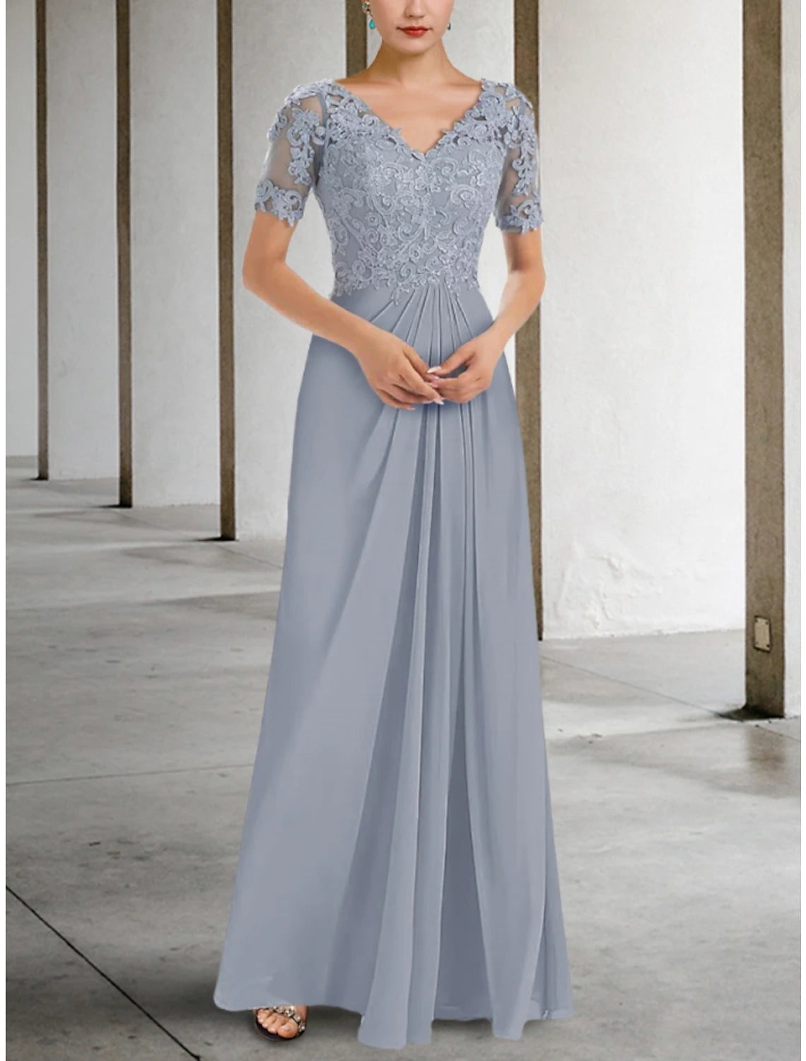 Women's Charming Outfit For Events A-Line Mother of the Bride Dress Wedding Guest Elegant V Neck Floor Length Chiffon Lace Short Sleeve with Ruching Solid Color