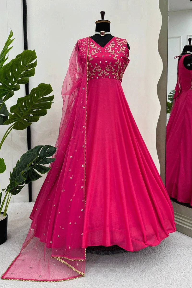 Comfortable Women's Apparel Long Pink Color Gown With Dupatta For Wedding