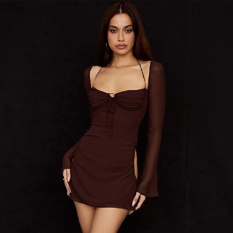 Women's Activewear Apparel Sexy Self Tie Cutout Long Sleeve Mesh Halter Mini Dress - Coffee