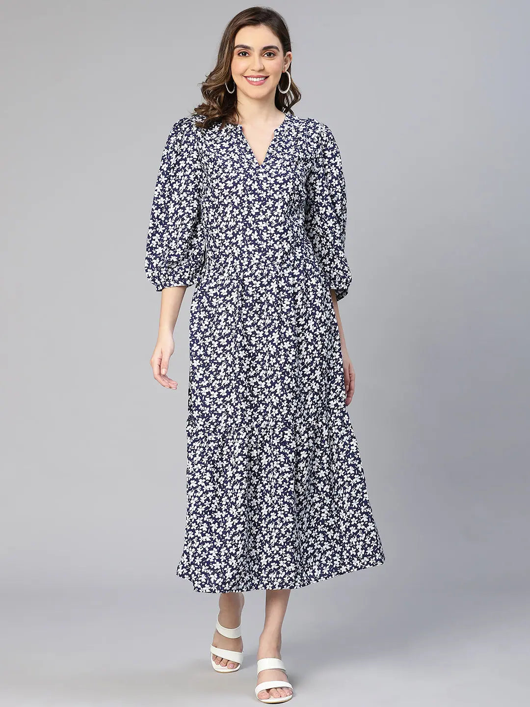 Vintage-Inspired Women's Clothes Aqua Blue Floral Print Women Maxi Casual Dress