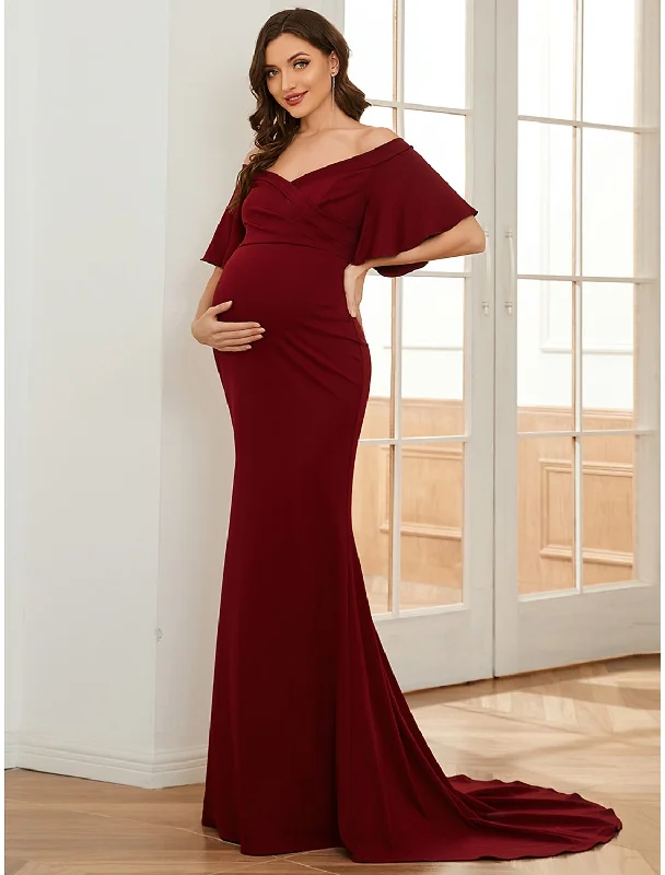 Women's Vacation Clothes Mermaid / Trumpet Maternity Dresses Maternity Dress Formal Wedding Party Court Train Short Sleeve Off Shoulder Stretch Fabric with Ruched Pure Color