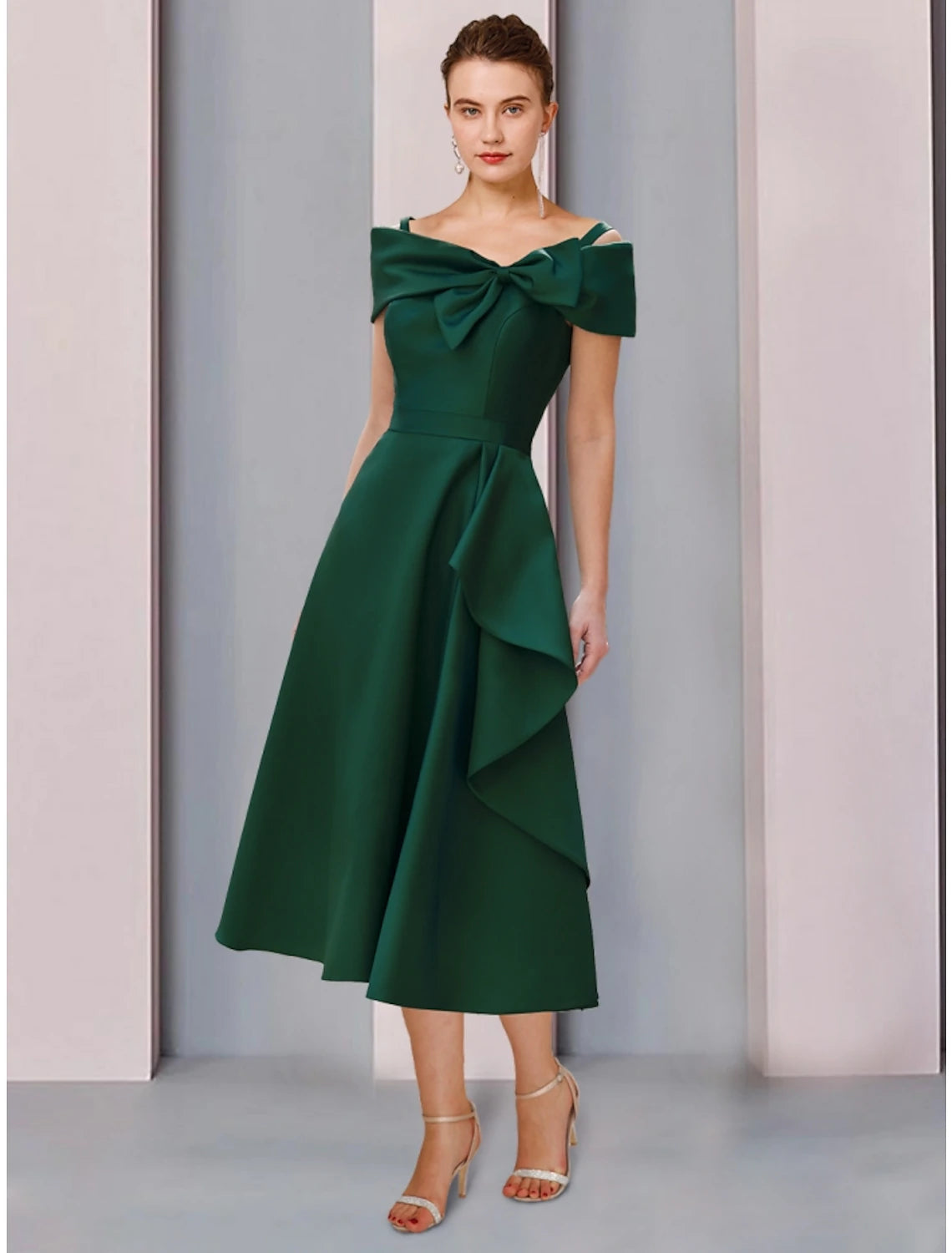 Women's High-End Clothing A-Line Mother of the Bride Dress Wedding Guest Elegant Off Shoulder Tea Length Satin Short Sleeve with Bow(s) Ruffles Ruching