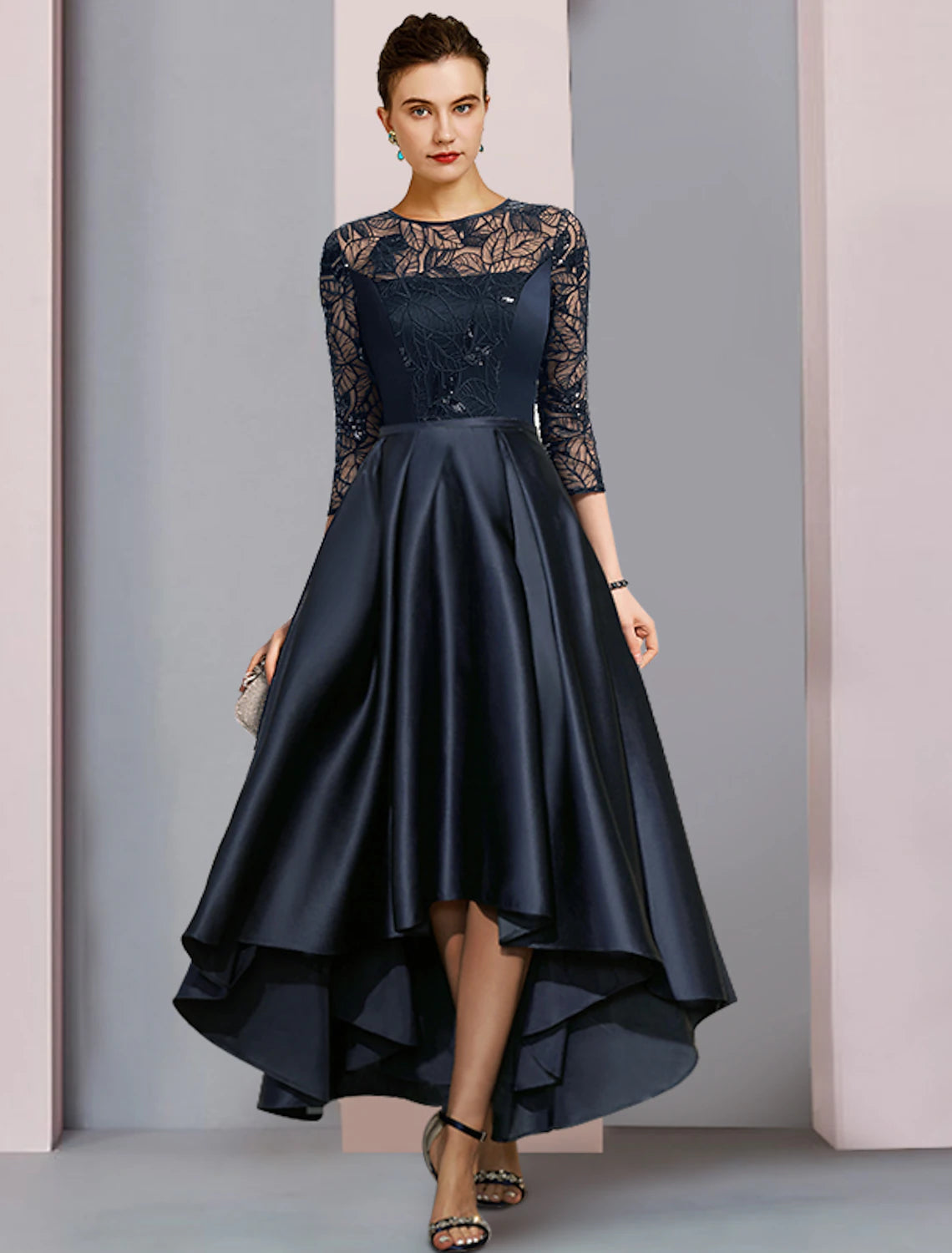 Women's Evening Apparel A-Line Mother of the Bride Dress Wedding Guest Vintage Party Jewel Neck Asymmetrical Satin Lace Sequined Half Sleeve with Pleats