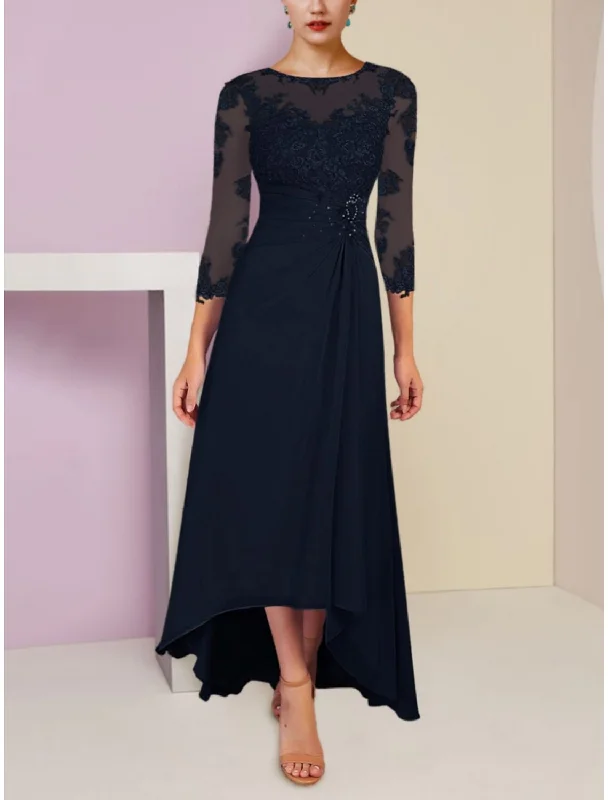 Chic Women's Garments A-Line Mother of the Bride Dress Wedding Guest Elegant Scoop Neck Asymmetrical Ankle Length Chiffon 3/4 Length Sleeve with Lace Sequin Ruching