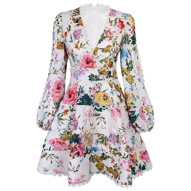 Women's Loungewear Clothes Aviva on Earth -Long Puff Sleeve Deep V-Neck Floral Fit & Flare Dress