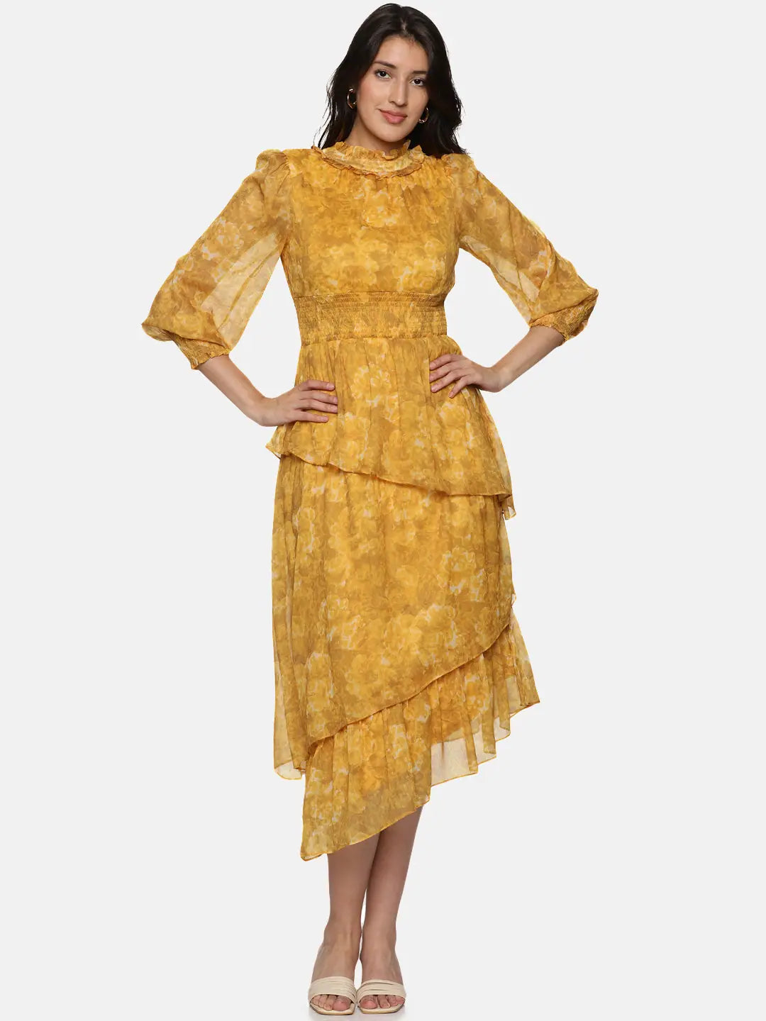 Women's Night-Out Outfit Floral Mustard Smocking Detail Assymetrical Midaxi Dress