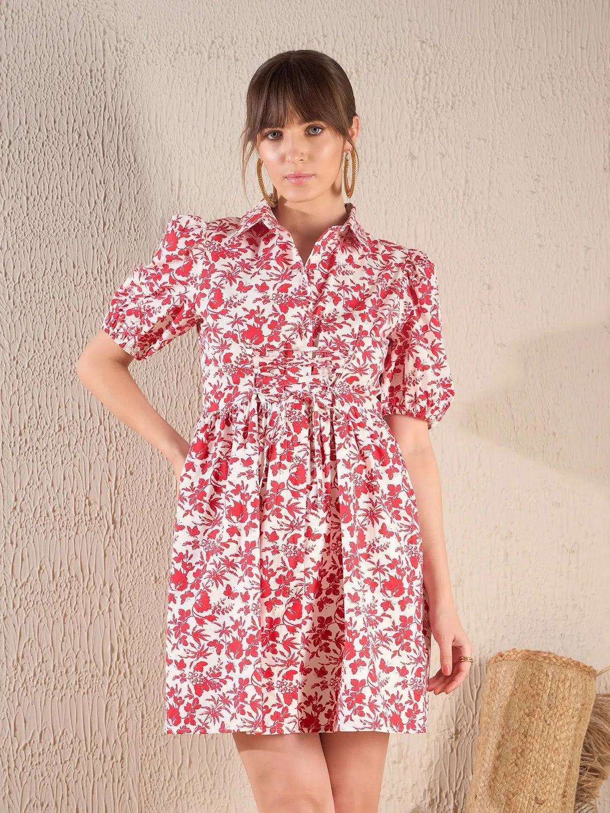 Women's Evening Wear Attire Women Red Floral Front Drawstring Detail Shirt Dress