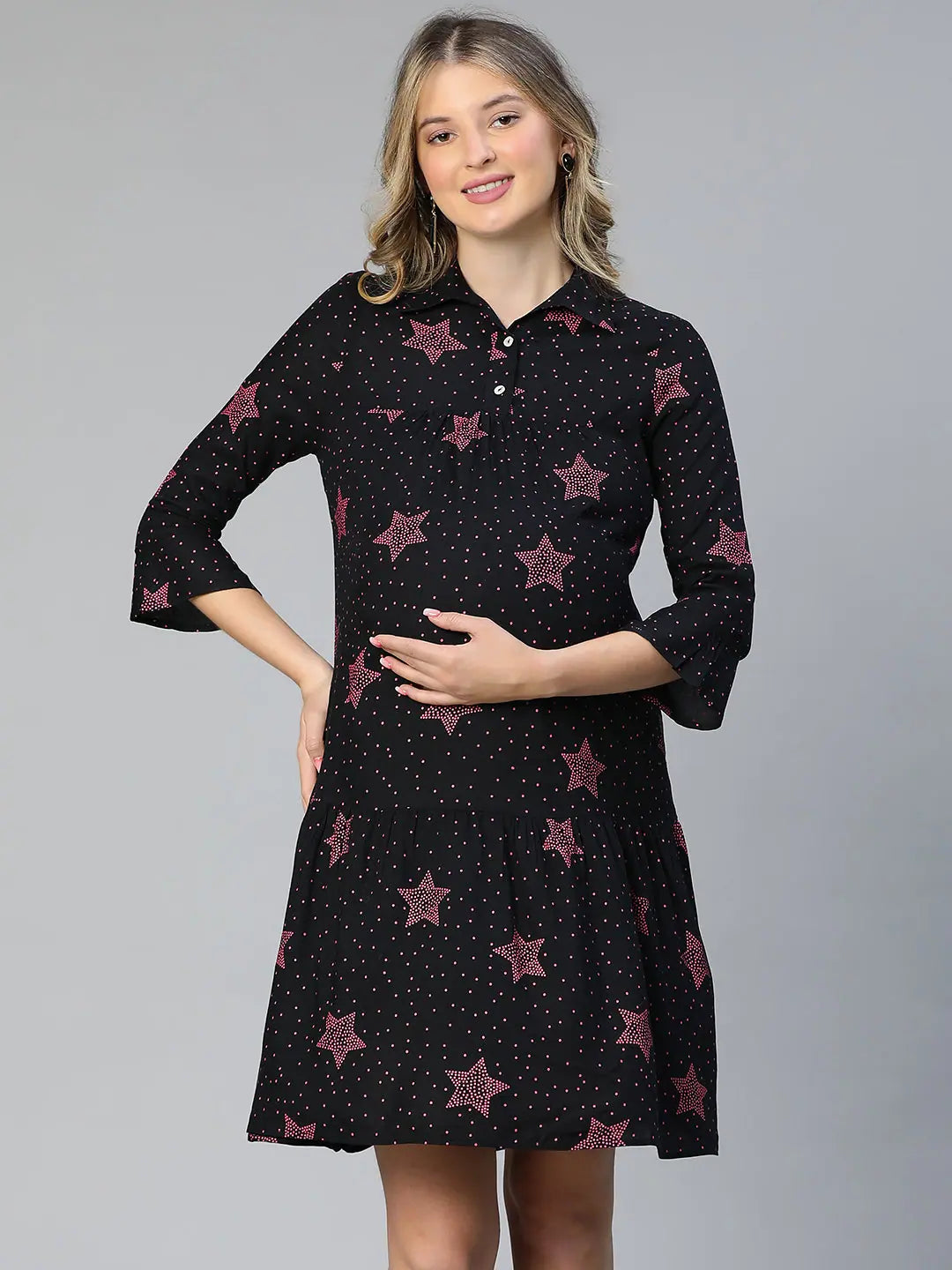 Women's Clothing For Outdoor Activities Engo Black Floral Print Collared Women Maternity Dress