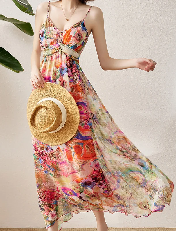 Women's Sporty Clothes Silk Dress Floral Print Spaghetti Strap Dress