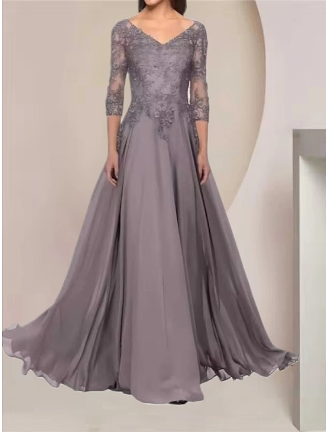 Vintage-Inspired Women's Clothes A-Line Mother of the Bride Dress Wedding Guest Elegant V Neck Floor Length Chiffon Lace Half Sleeve with Ruching Solid Color