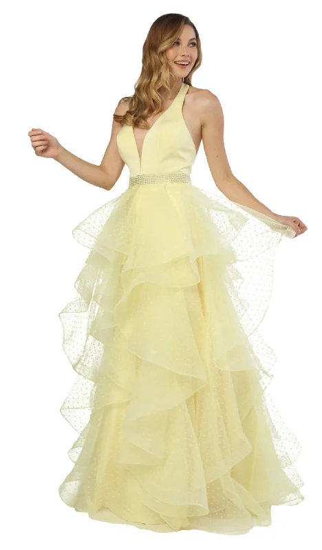 Timeless Women's Outfit Nox Anabel - T256 Plunging Halter Dotted Lace Tiered Gown