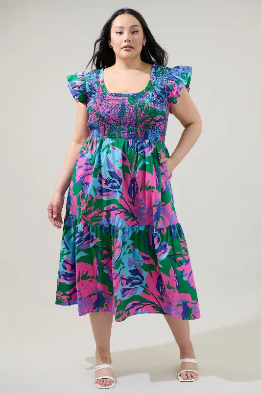 Women's Stylish Casual Garments Raylee Floral Wendy Smocked Midi Dress Curve