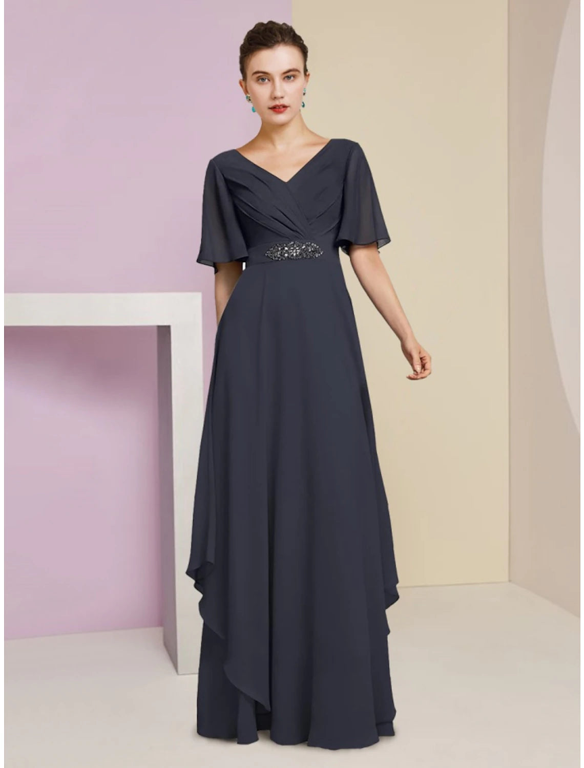 Women's Evening Clothing A-Line Mother of the Bride Dress Wedding Guest Elegant V Neck Floor Length Chiffon Short Sleeve with Crystal Brooch Ruching