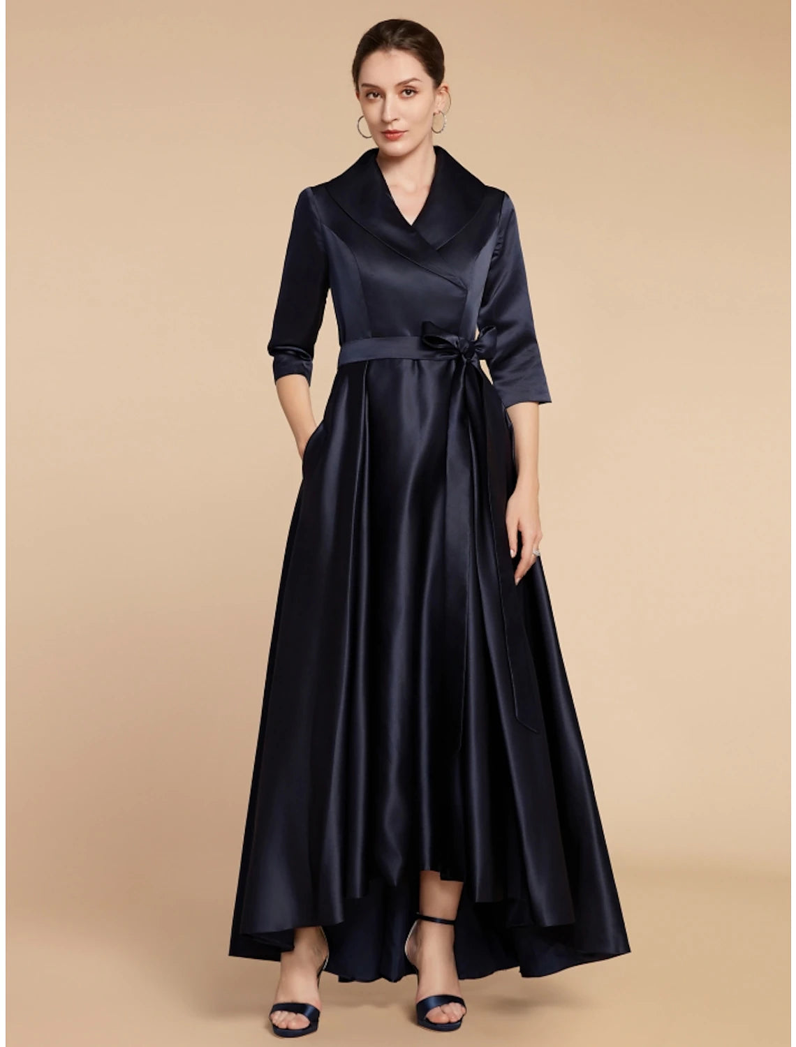 Women's Tops And Clothing A-Line Mother of the Bride Dress Wedding Guest Elegant V Neck Ankle Length Satin Half Sleeve with Sash / Ribbon Ruching Solid Color