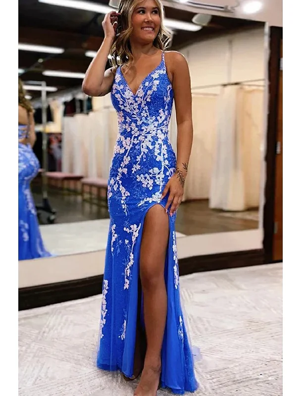 Women's Elegant Clothing Sets Mermaid / Trumpet Prom Dresses Open Back Dress Formal Wedding Party Sweep / Brush Train Sleeveless V Neck Tulle Backless with Slit Appliques