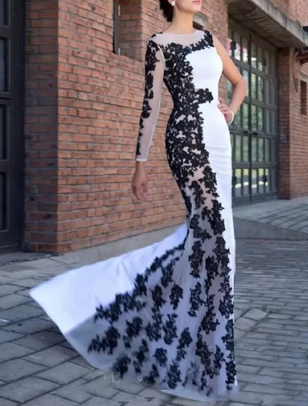 Women's Chic Outfit Mermaid / Trumpet Evening Gown Color Block Dress Formal Wedding Guest Court Train Long Sleeve One Shoulder Stretch Fabric with Appliques