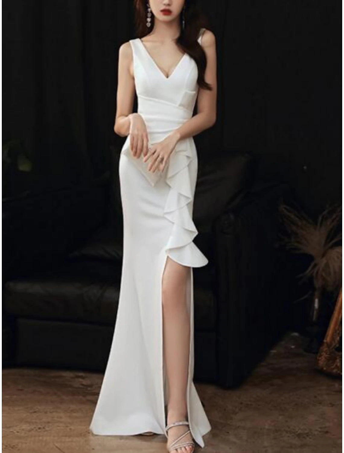 Women's Clothing Sets Mermaid / Trumpet Minimalist Elegant Wedding Guest Formal Evening Dress V Neck Sleeveless Floor Length Stretch Fabric with Ruffles Slit