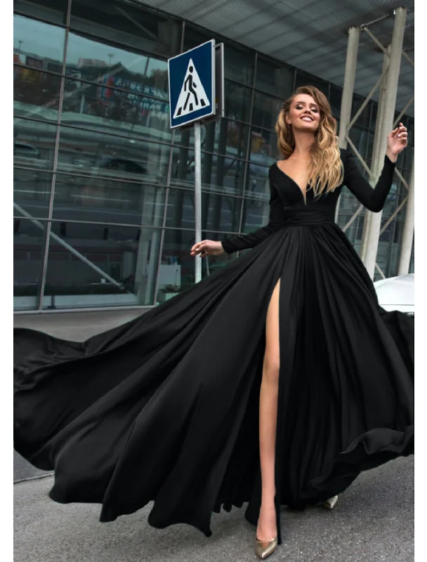 Women's Outdoor Attire A-Line Evening Gown Empire Black Dress Holiday Wedding Guest Floor Length Long Sleeve V Neck Chiffon V Back with Slit Pure Color