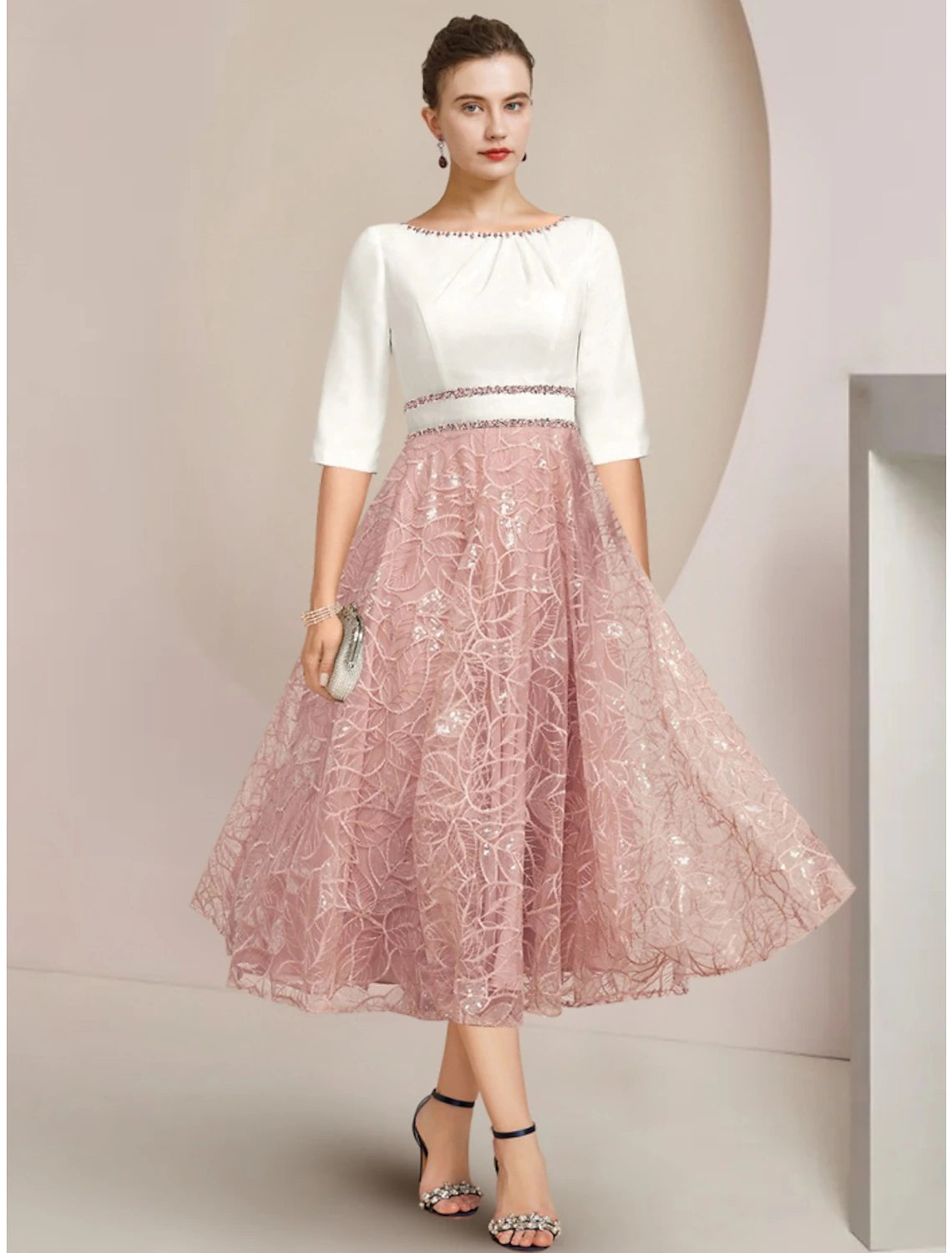 Women's Relaxed Outfit A-Line Mother of the Bride Dress Wedding Guest Elegant Petite Scoop Neck Tea Length Chiffon Lace Half Sleeve with Sequin Ruching