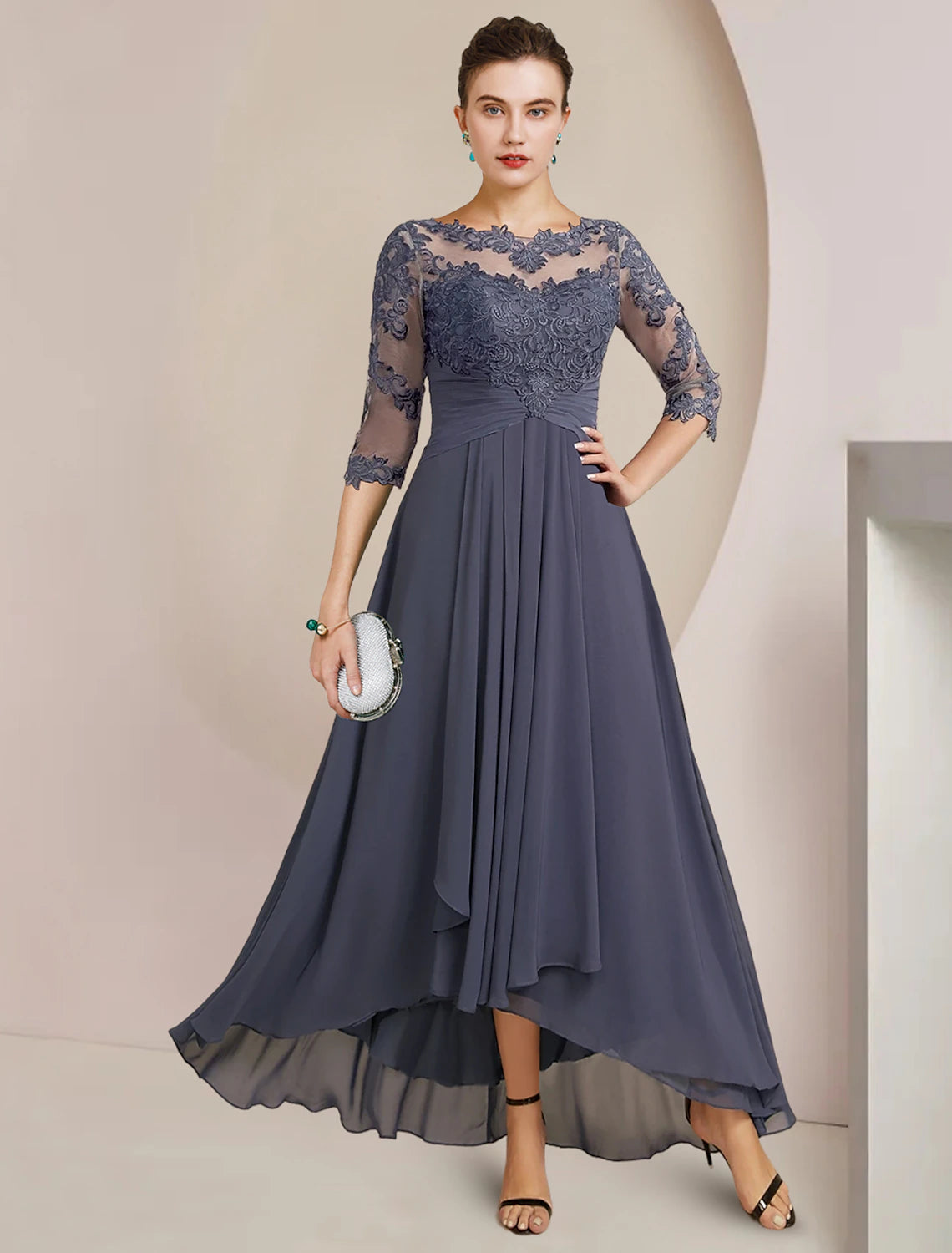 Women's Clothing For Outdoor Activities A-Line Mother of the Bride Dress Wedding Guest Elegant High Low Scoop Neck Asymmetrical Tea Length Chiffon Lace 3/4 Length Sleeve with Pleats Appliques