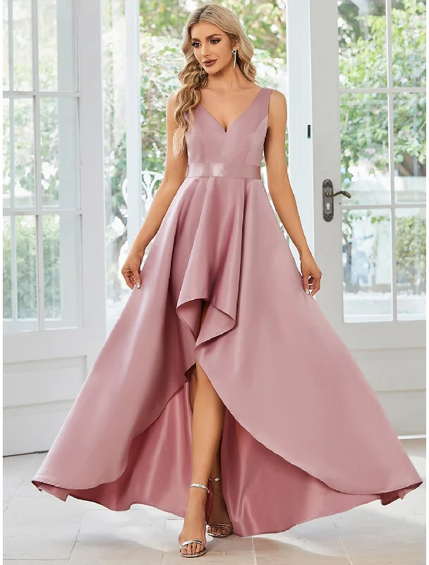 Stylish Women's Apparel A-Line Wedding Guest Dresses Casual Dress Party Wear Wedding Party Asymmetrical Sleeveless V Neck Satin with Ruffles Pure Color