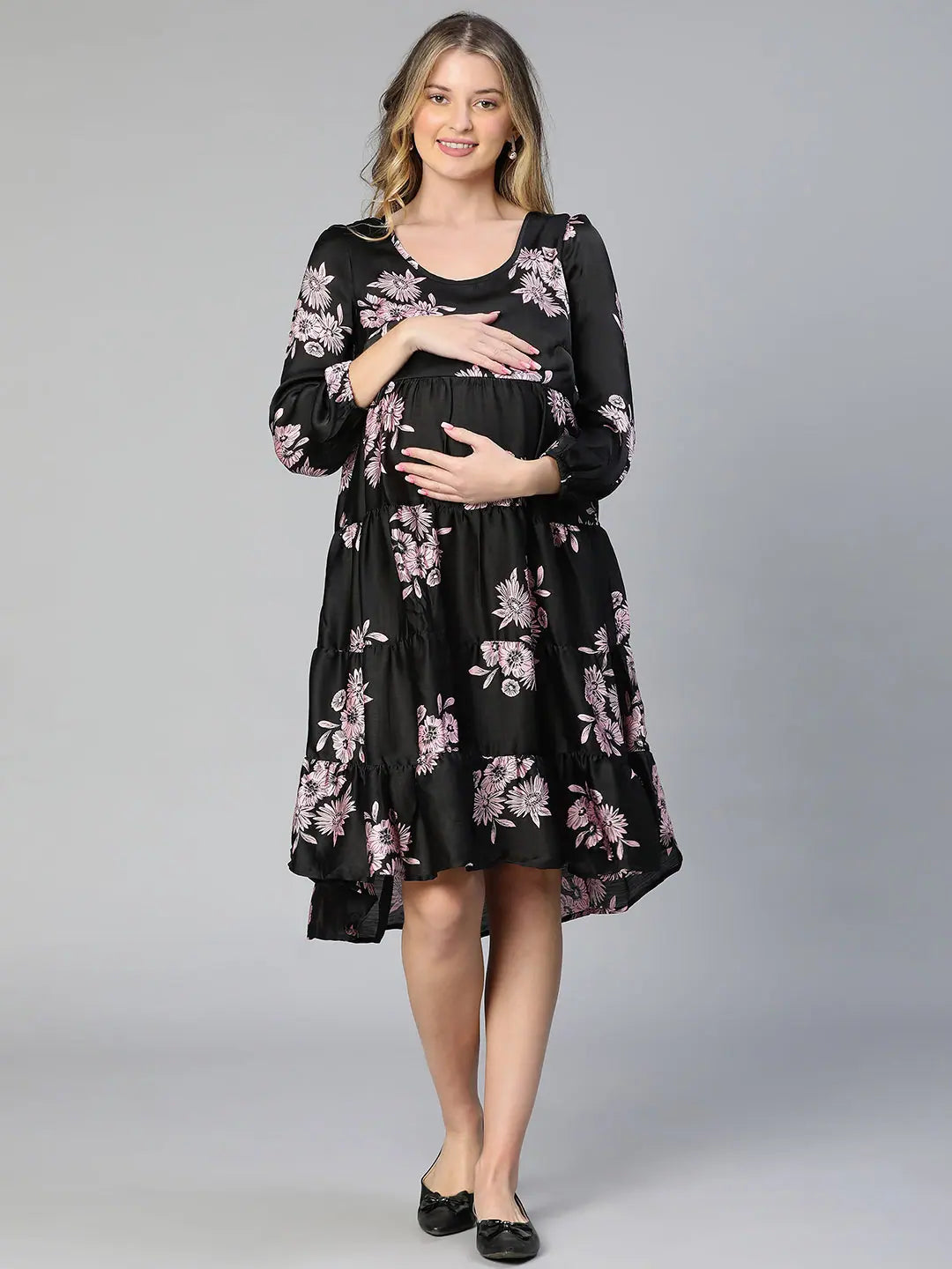 Women's High-Fashion Attire Women floral print round neck flared black maternity dress