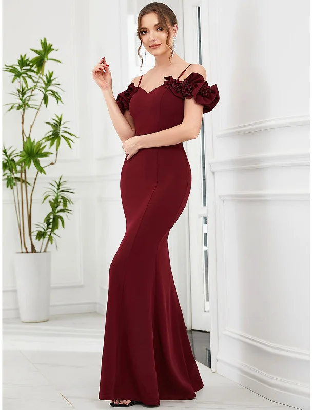 Women's Professional Garments Mermaid / Trumpet Evening Gown Vintage Dress Engagement Wedding Party Floor Length Sleeveless Off Shoulder Polyester with Ruffles