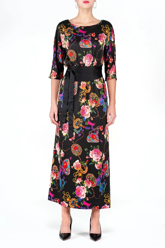 Luxury Women's Clothing SCANDINAVIA-Half Sleeve Belted Floral Maxi Dress