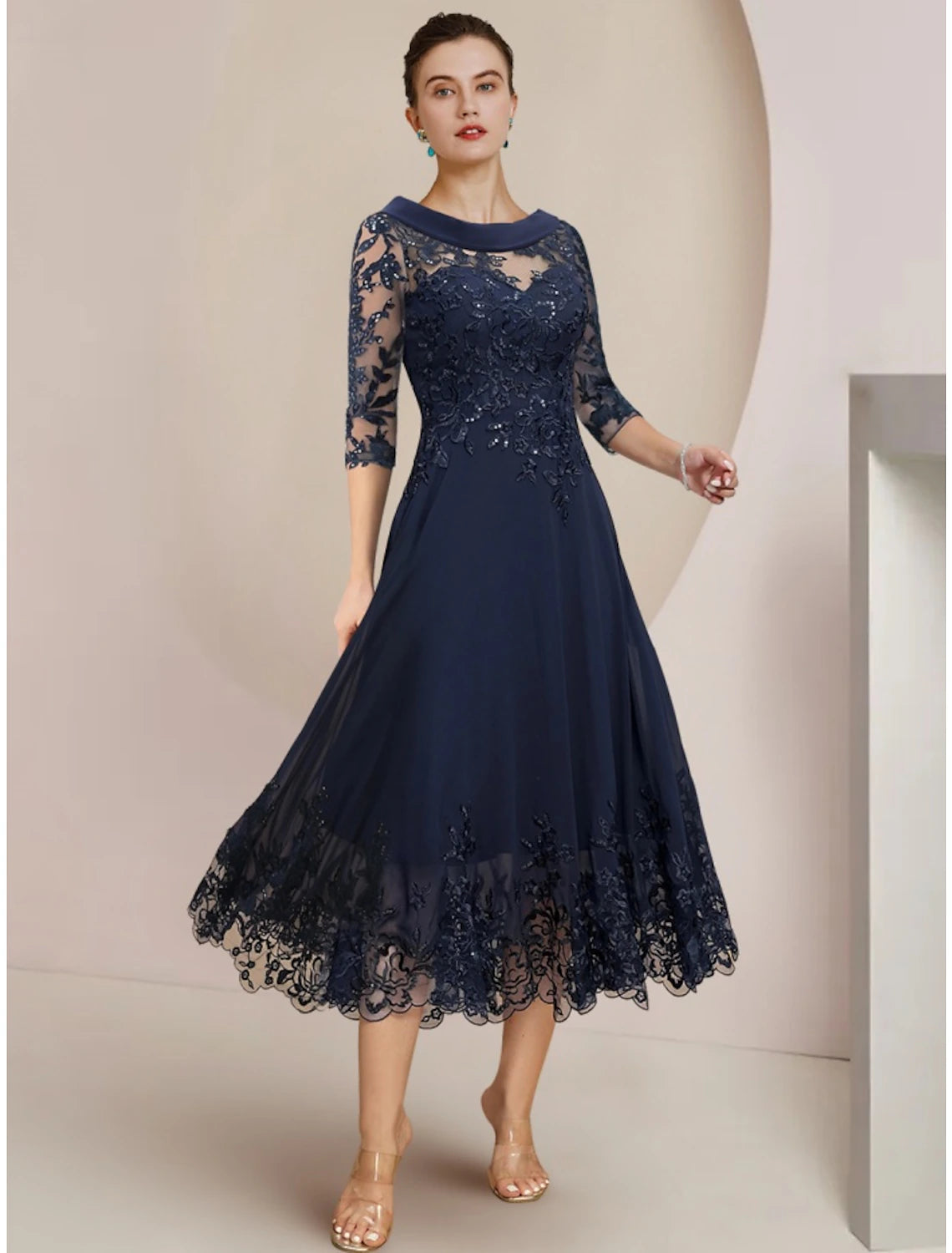 Women's Occasion Wear Apparel A-Line Mother of the Bride Dress Wedding Guest Elegant Petite Scoop Neck Tea Length Chiffon Lace Half Sleeve with Sequin Ruching Solid Color