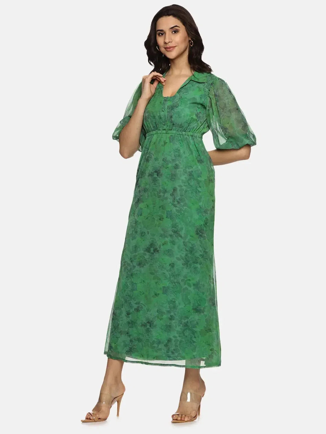 Women's Elegant Formal Outfit Floral Green Shirt Collared Maxi Dress-17347