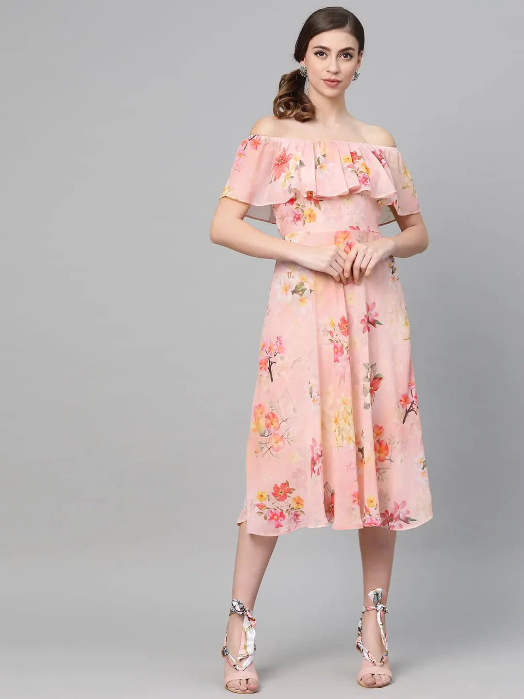 Women's Fashion Clothes Peach Floral Off Shoulder Midi Dress