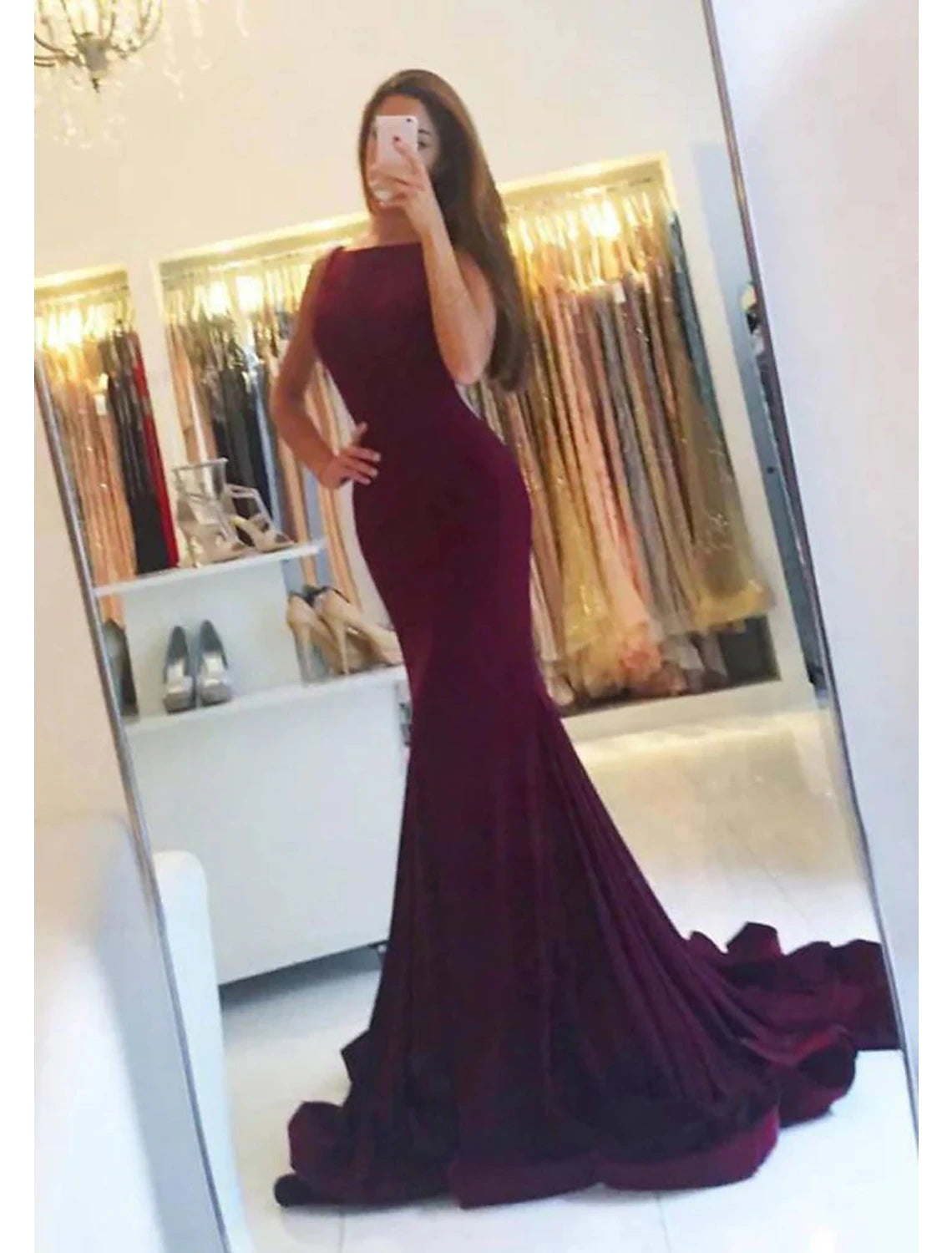 Chic Clothes For Women Mermaid / Trumpet Evening Gown Empire Dress Prom Wedding Reception Court Train Sleeveless Spaghetti Strap Spandex with Pleats