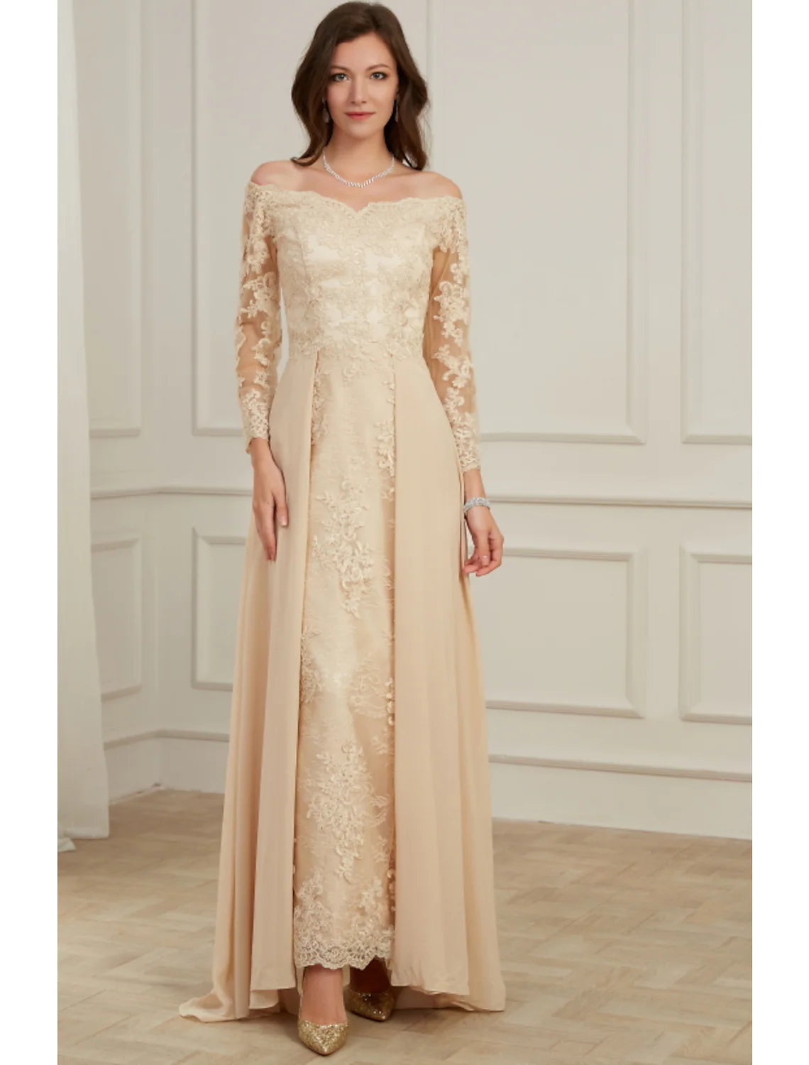 Women's Stylish Outdoor Outfit A-Line Evening Gown Elegant Dress Wedding Guest Floor Length Long Sleeve Off Shoulder Polyester with Overskirt Appliques Mother of The Bride Dress