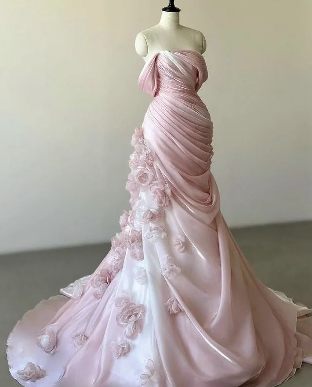 Sustainable Fashion Clothing For Women Pink Gorgeous Exquisite Floral Long Pleated Tulle Floor-Length Train Ball Gown Evening Gown Wedding Dress gh3271