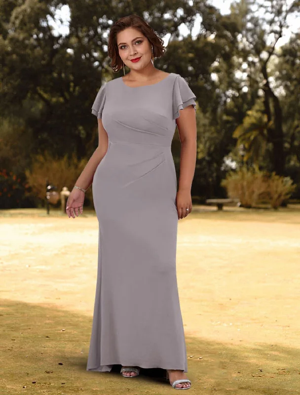 Women's Vintage-Inspired Outfit Sheath / Column Evening Gown Minimalist Dress Wedding Guest Sweep / Brush Train Short Sleeve Jewel Neck Stretch Fabric with Sleek Pure Color