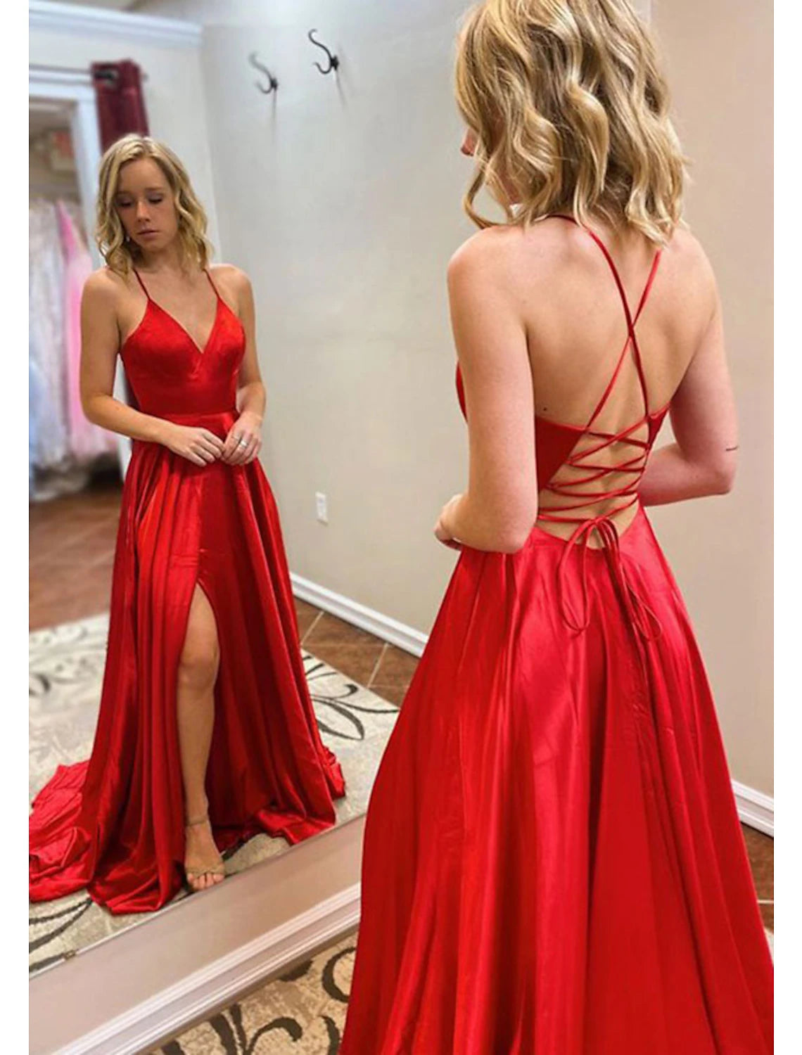 Women's Clothing With Trendy Designs A-Line Prom Dresses Open Back Dress Formal Wedding Guest Sweep / Brush Train Sleeveless V Neck Imitation Silk Backless with Slit