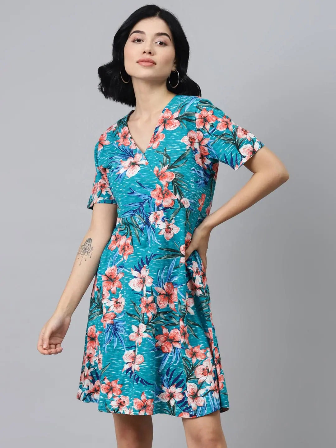 Women's Relaxed Outfit Blue Floral Wrap Skater Jersey Dress