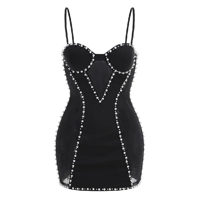 Vintage Clothing For Women Luxury Bustier Sleeveless Mesh Panel Faux Pearl Embellished Club Mini Dress