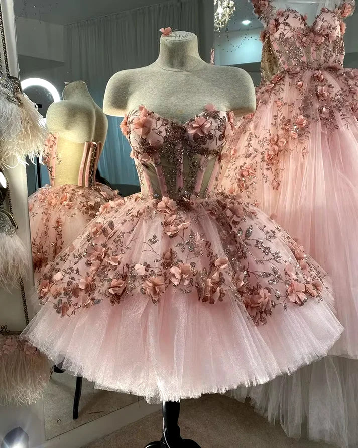 Women's Clothing For Travel Pink Gorgeous Exquisite Beaded Floral Applique Short Homecoming Dress Evening Dress Prom Dress Handmade Flowers 14/16 Birthday Outfit Party Dress gh3307