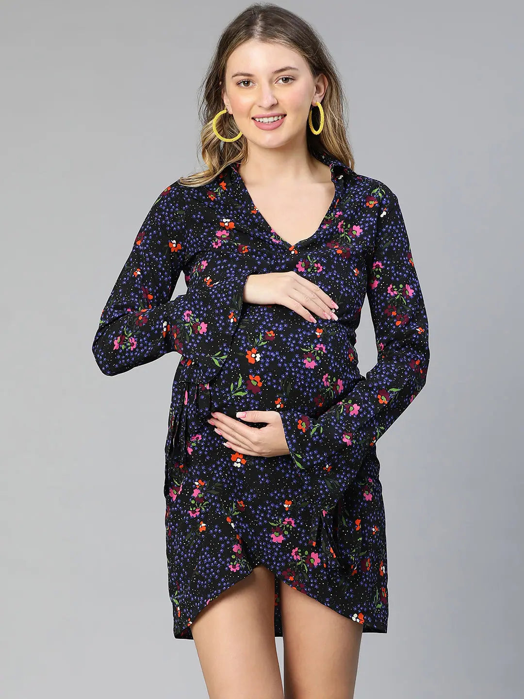 Modern Women's Attire Women floral print over warrped bell sleeved black maternity dress