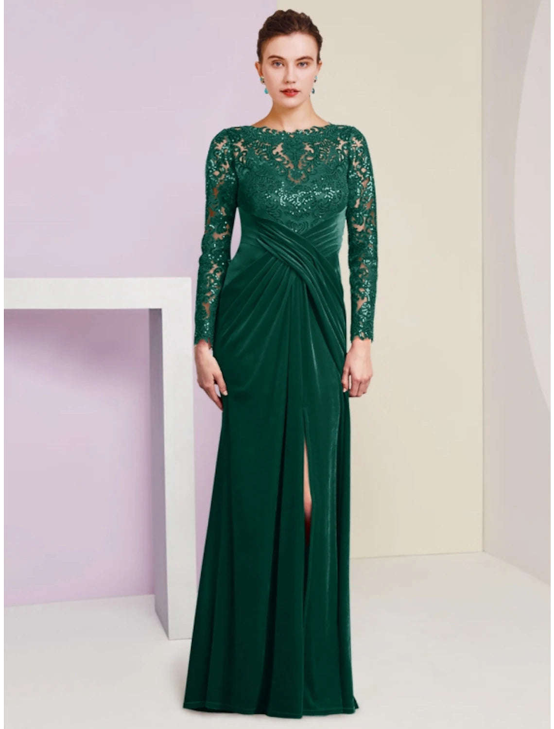 Women's Everyday Attire A-Line Mother of the Bride Dress Wedding Guest Party Elegant Scoop Neck Floor Length Velvet Long Sleeve with Lace Sequin Split Front