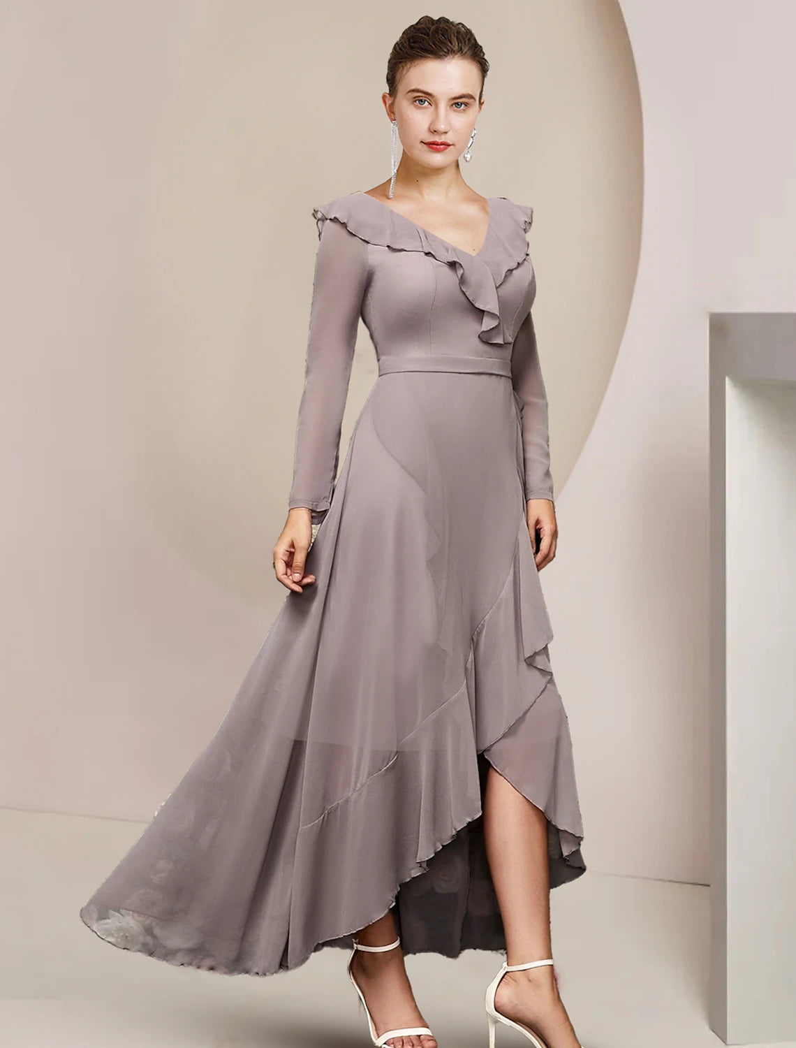 Women's Resort Attire A-Line Mother of the Bride Dress Wedding Guest Elegant V Neck Asymmetrical Ankle Length Chiffon Long Sleeve with Ruffles Solid Color