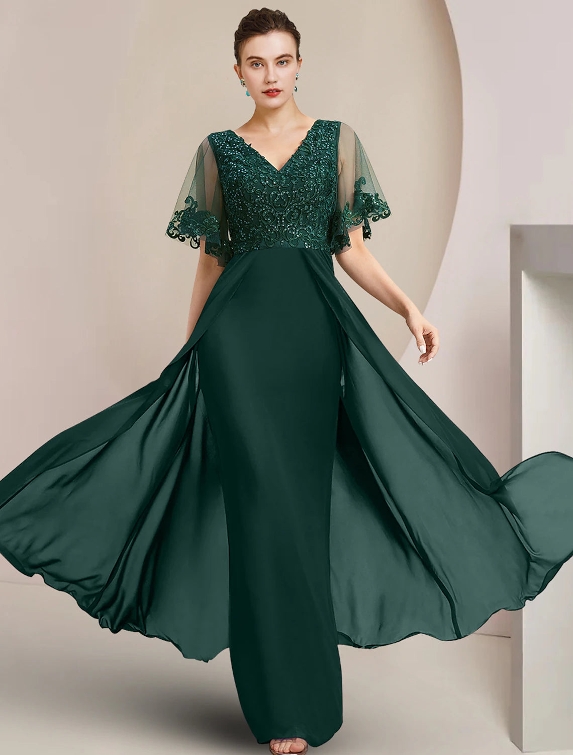 Women's Casual Wear Clothes Sheath / Column Mother of the Bride Dress Formal Wedding Guest Elegant V Neck Floor Length Chiffon Lace Tulle Short Sleeve with Sequin Appliques