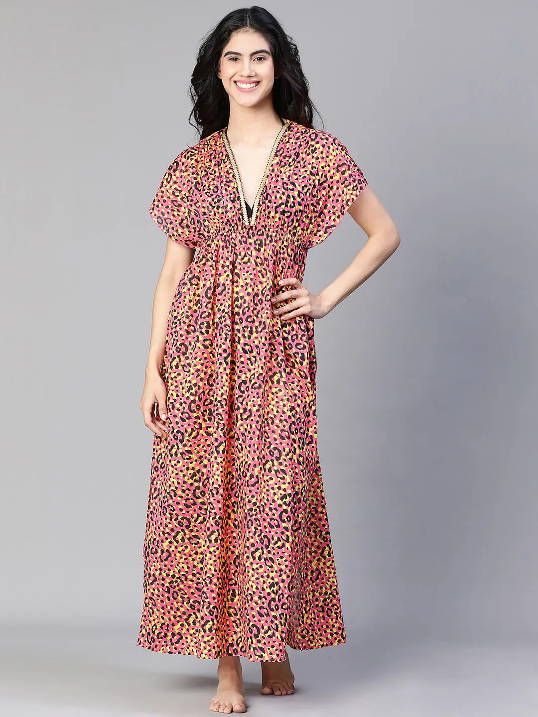 Elegant Women's Attire Women multicolor floral print laced & elasticatedslit maxi beachwear cotton dress